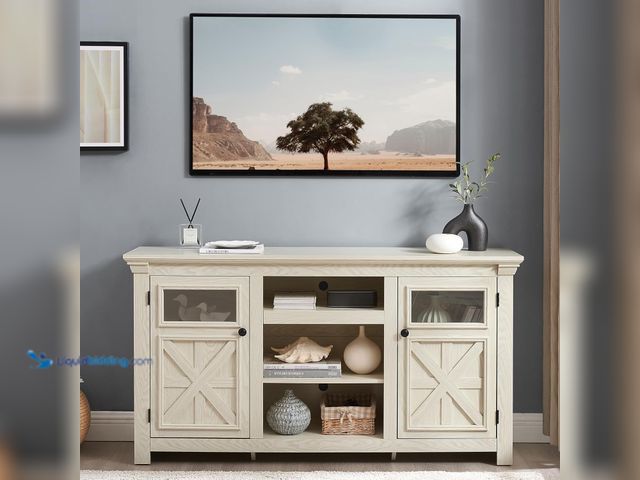 Lot 49-5489279 - TV Stand for TVs up to 65", Farmhouse Rustic TV Storage Cabinet Console Table with 2 Doors and Open ...