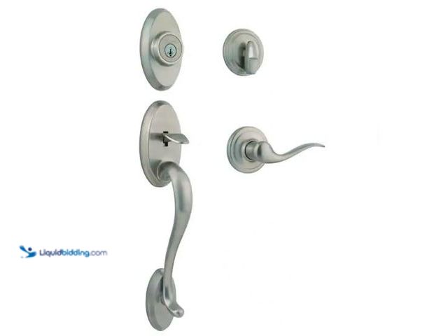 Lot 49-3432616 - Kwikset Shelburne Satin Nickel Single Cylinder Door Handleset with Tustin Door Handle Featuring Smar...
