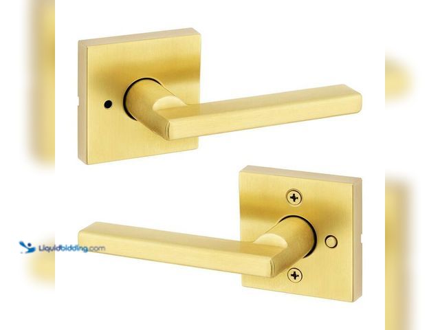 Lot 49-2024161 - Kwikset Halifax Square Satin Brass Privacy Bed Bath Door Handle Handle. Model # 730HFL SQT 4. MSRP $...
