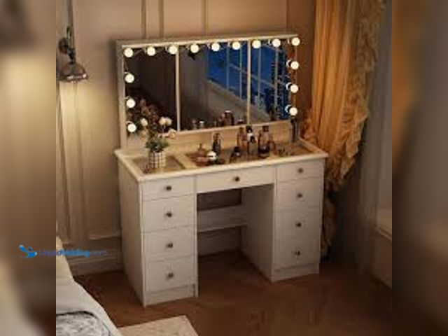 Lot 49-5414723 - FUFU&GAGA White Makeup Vanity Desk 9-Drawers Wood Dressing Table With 3 Mirrors, Glass Top, Hidden S...