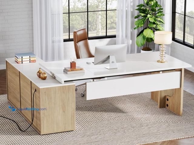 Lot 49-1516568 - Tribesigns 74.8 Inch Executive Desk, Large Office Desk with Cabinet, L Shaped Computer Desk with She...