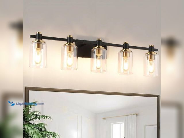 Lot 49-3565040 - JUSHENG
34.65 in. 5 Light Black and Gold Bathroom Vanity Light with Cylinder Clear Glass shades Unu...