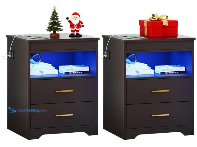 Lot 49-3481618 - Nightstand Set of 2, Charging Bedside Table with USB & Type-C Port, LED Nightstand with Human Sensor...