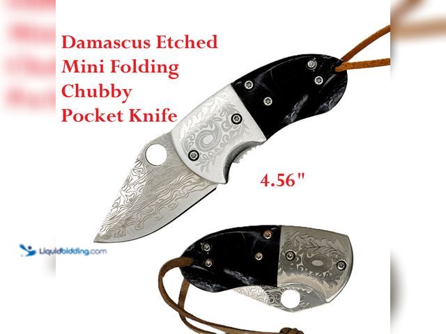 Lot 49-3435066 - ElitEdge Damascus Etched Mini Folding Chubby Pocket Knife 4.56" with Black Pearl-Style Handle - NEW ...