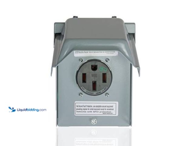 Lot 49-5539791 - Leviton 50-Amp Outdoor EV Charging Outlet with Metal Weather-Resistant Cover, Surface Mount. Model #...
