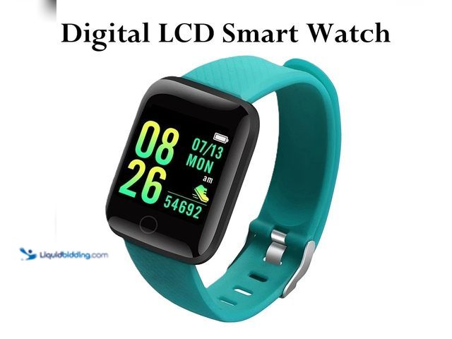 Lot 49-1616205 - Waterproof Smart Watch with Digital LCD Screen Black Case with Green Silicone Band (No Box) - NEW - ...