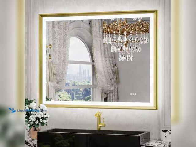 Lot 49-1569087 - 40 in. W x 32 in. H Rectangular Framed LED Lighted Bathroom Vanity Mirror with Light in Gold with Ba...