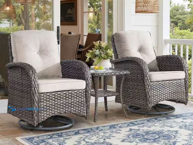 Lot 49-2005554 - (3-Piece) Pocassy Brown Wicker Patio Conversation Set with Beige Cushions and Coffee Table All-Weath...
