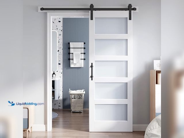 Lot 49-1630841 - Roymelo 30x80 Inch Glass Sliding Barn Door Slab and 5.5ft Hardware Kit Included, 5 Frosted Glass, LV...