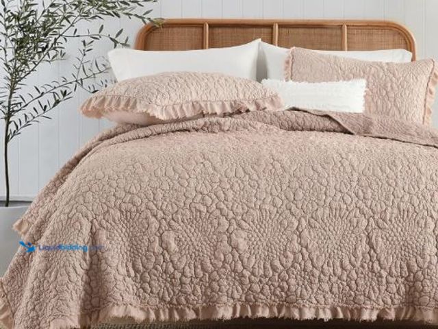 Lot 49-5436663 - HORIMOTE HOME Pinkish Grey Ruffled Quilt Queen Size, Stone-Washed Lightweight Crinkled Farmhouse Rus...