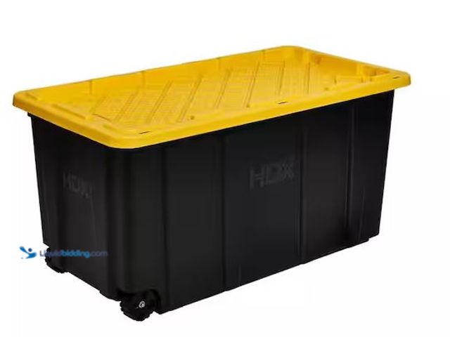 Lot 49-5486973 - HDX
77 Gal. Tough Storage Tote with Wheels in Black with Yellow Lid Internet # 328027059
Model # 9...
