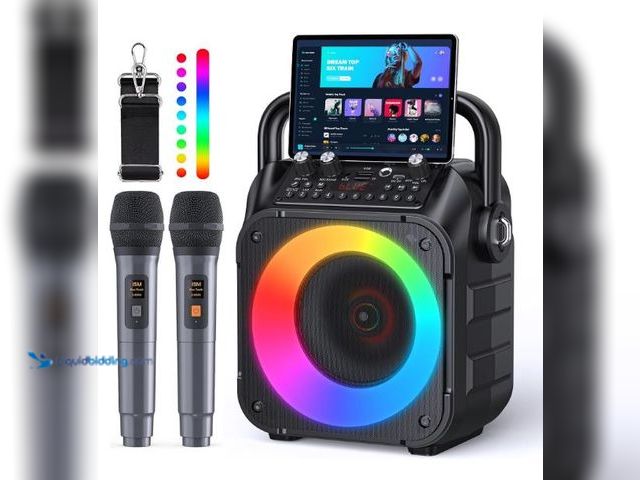 Lot 49-3432161 - Karaoke Machine, Portable Bluetooth Speaker with 2 Wireless Microphones for Adults & Kids with Light...