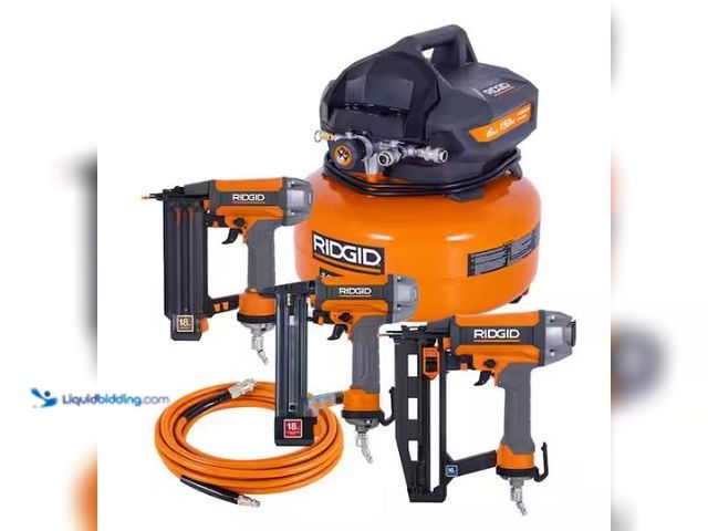 Lot 49-1544807 - RIDGID 6 Gal. 150 PSI Electric Air Compressor with 25 ft. Hose, 18GA Brad Nailer, 16GA Finish Nailer...