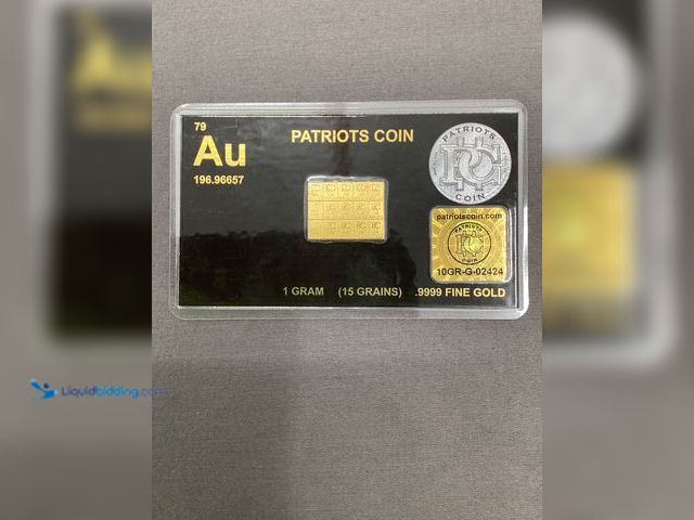 Lot 49-910850 - New Patriots Coin 1 Gram (15 Grains) .999 Fine Gold bar Card Authenticated and Sealed with a tamper-...