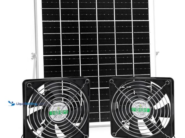 Lot 49-1516880 - 5.5 Inch Solar Powered Fan Kit, 25W Solar Panel with 2 Waterproof Fans for Outside Chicken Coops, Gr...