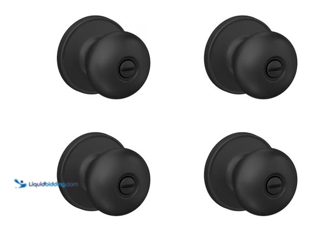 Lot 49-5543548 - Home Front by Schlage Marwood Matte Black Interior or Bed/Bath Privacy Door Knob 4 -Pack. Model #U40...