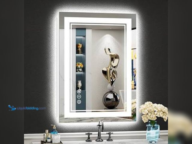 Lot 49-3558097 - Brushed Nickel 20" x 28" LED Bathroom Mirror. Unused