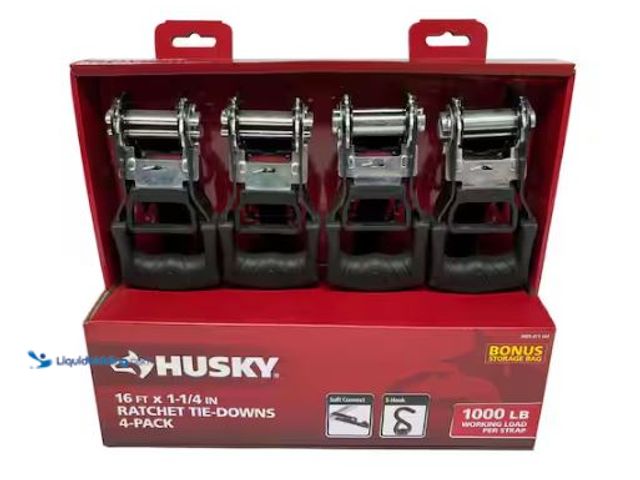 Lot 49-1569602 - Lot of (2) Husky 16 ft. 1.25 in. Ratchet Tie-Down Straps with S-Hook (4-Pack), Model # FH0836E, Slig...