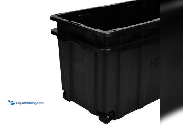 Lot 49-5539814 - HDX 77 Gal. Tough Storage Tote with Wheels in Black (NO LID). Model # 999-77G-HDX. Unused