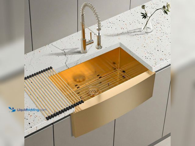 Lot 49-5512561 - MYRYY 30 in. Farmhouse/Apron-Front Single Bowl 16 Gauge Gold Stainless Steel Kitchen Sink with Dish ...