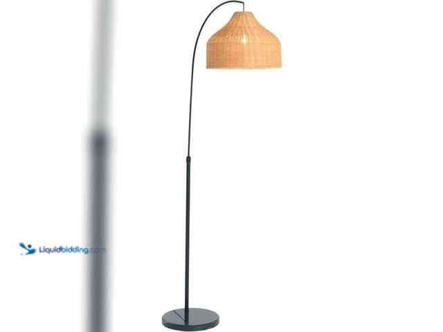 Lot 49-5414279 - Creative Co-Op Modern Boho Floor Lamp with Marble Base and Rattan Shade, Black and Natural, Unused.
