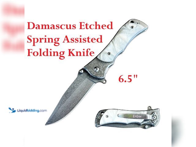 Lot 49-3435072 - ElitEdge Damascus Etched Classic Spring Assisted Folding Knife 6.5" with Pearl-Style Handle - NEW - ...