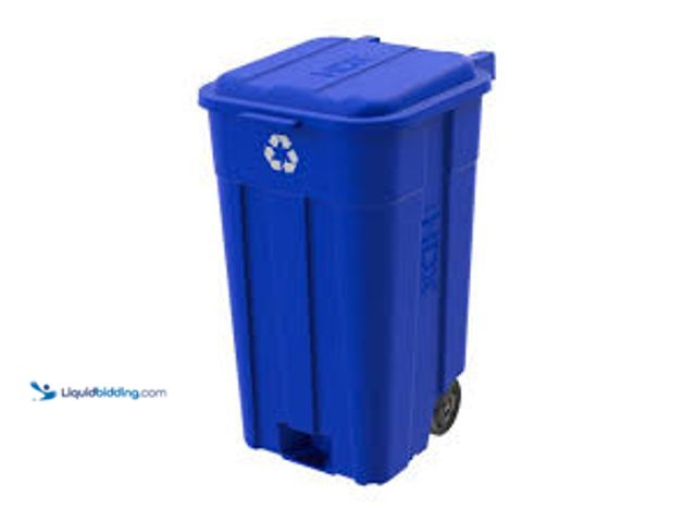 Lot 49-5485700 - HDX 45 gal. Blue Heavy Duty Outdoor Recycling Trash Can with Wheels and Attached Lid. Model # 999-24...