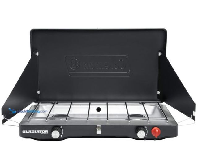 Lot 49-1623429 - Coleman Gladiator 2 Burner Stove, Model # 1698197, Slightly used, Has attachments, Scuffs/Scratches....