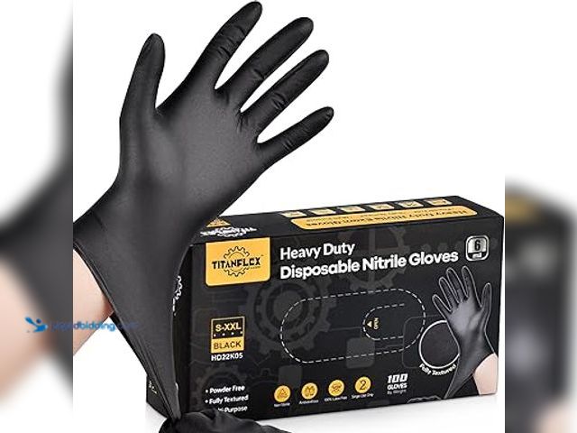 Lot 49-5448688 - TitanFlex Heavy-Duty Industrial Black Nitrile Gloves, XL, Box of 100, Disposable Gloves, Latex Free,...