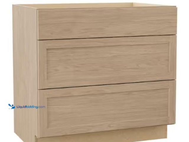 Lot 49-2025253 - Hampton Bay Sinclair 36 in. W x 24 in. D x 34.5 in. H Assembled 3-Drawer Base Kitchen Cabinet in Sha...