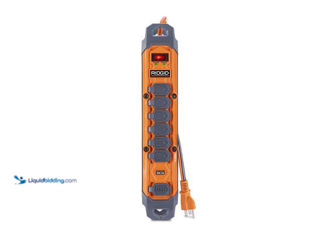 Lot 49-5413100 - RIDGID
8 ft. Cord 6-Outlet, 2.4 Amp USB-A, 15-Watt USB-C, 2100J Surge Protector Unused