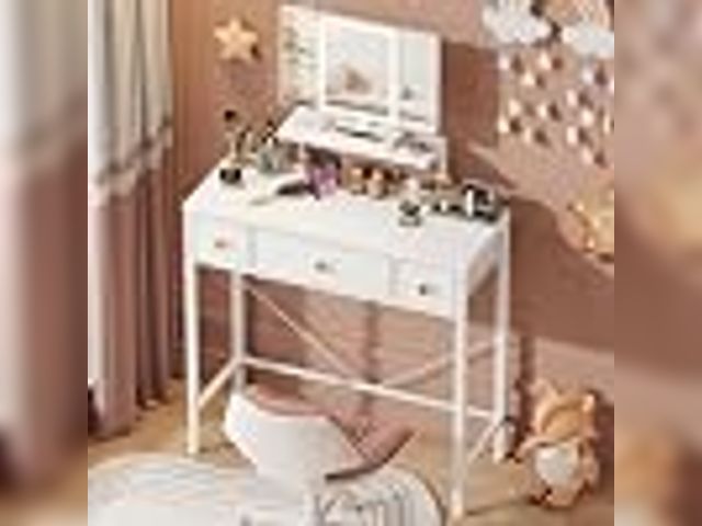 Lot 49-2021881 - HIGDBFE Small Makeup Vanity Desk 27.5''W with Mirror and Lights, White. Model #B0DFGT7N3V. MSRP $80....