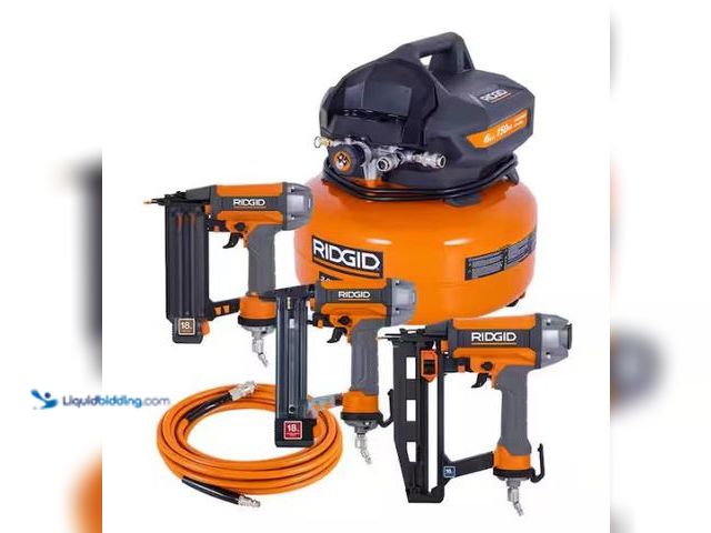 Lot 49-1577313 - RIDGID 6 Gal. 150 PSI Electric Air Compressor with 25 ft. Hose, 18GA Brad Nailer, 16GA Finish Nailer...