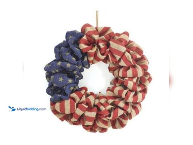 Lot 49-5543386 - American Flag Themed Patriotic Burlap Wreath. With Led Lights. Unused and unable to test.