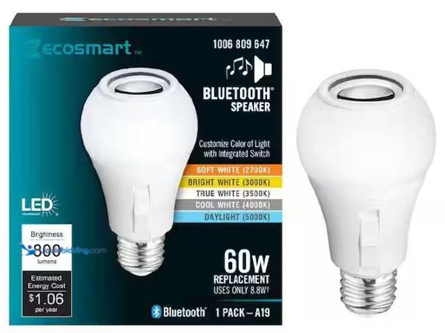 Lot 49-5478466 - EcoSmart
60-Watt Equivalent A19 CEC Bluetooth Speaker E26 Medium Base LED Light Bulb with Selectabl...