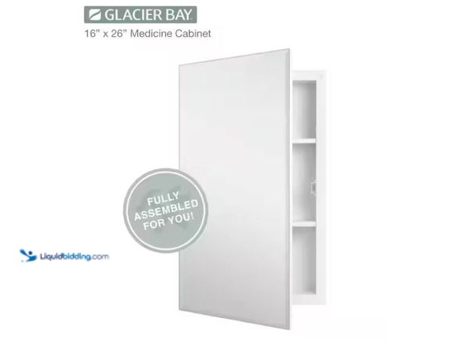 Lot 49-2020946 - Glacier Bay 16 in. W x 26 in. H Rectangular Wood Composite Medicine Cabinet with Mirror, Model # 454...