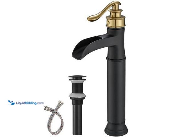 Lot 49-5581592 - Waterfall Single Hole Single Handle Bathroom Vessel Sink Faucet With Pop Up Drain In Matte Black Mod...
