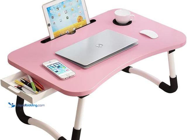 Lot 49-5413423 - Lap Desk with Storage Drawer, Holders for Cup and Tablet, Tray Table with Foldable Legs, Laptop Bed ...
