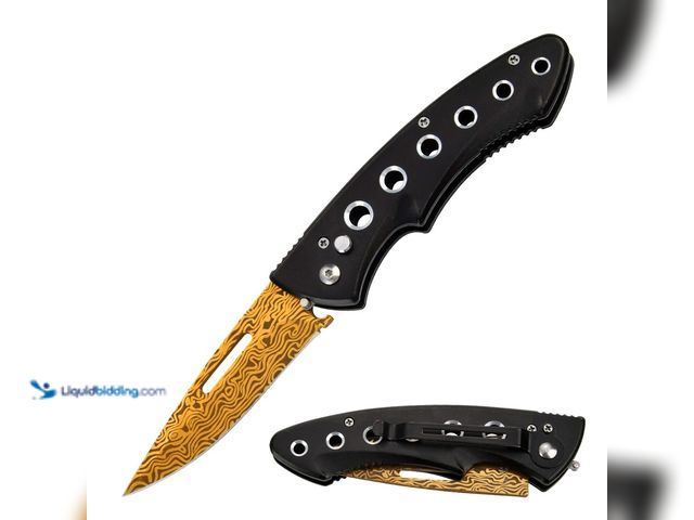 Lot 49-1820407 - Titanium Gold Damascus Clip Point Ballistic Push Button Automatic Knife with Etched Damascus Blade -...