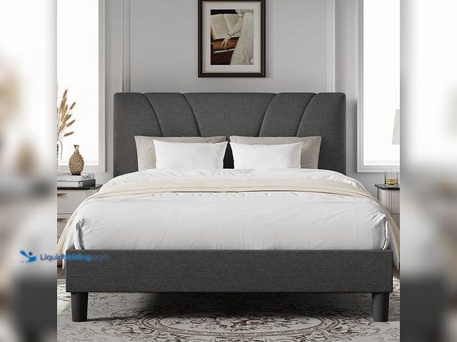 Lot 49-3472057 - Novilla King Bed Frame and Headboard, Linen Upholstered King Size Bed Frame with Wood Slats Support,...