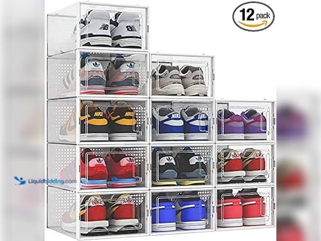Lot 49-5448865 - 12 Pack Shoe Organizer Storage Bins Clear Plastic Stackable Shoe Boxes for Closet, Space Saving Fold...