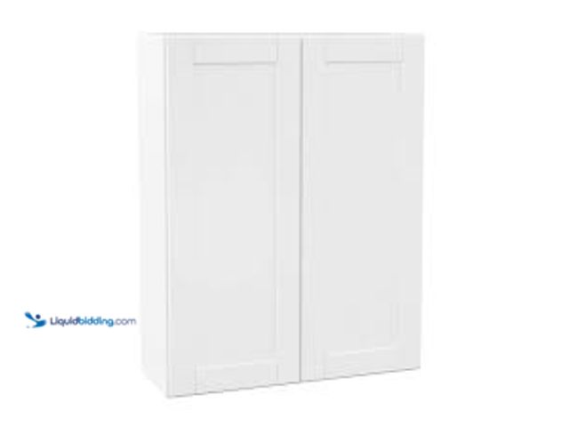 Lot 49-5485248 - Hampton Bay Shaker 33 in. W x 12 in. D x 42 in. H Assembled Wall Cabinet in Satin White. Model # KW3...