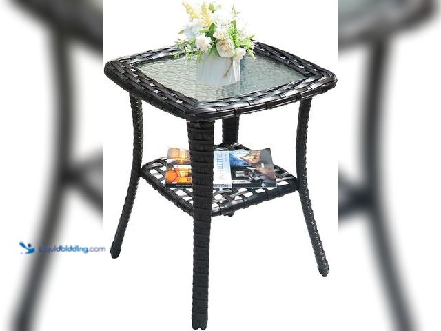 Lot 49-2006660 - ovios Outdoor Side Table with Tempered Glass Top, Patio Wicker Rattan 2-Tier Storage Coffee End Tabl...