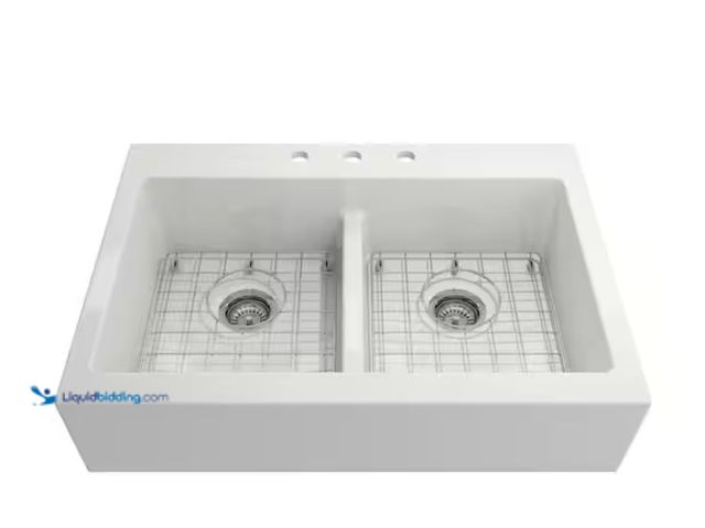 Lot 49-1515860 - Glacier Bay 34 in. Farmhouse/Apron-Front Single Bowl White Fireclay Kitchen Sink with Bottom Grid, M...