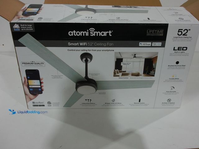Lot 49-2001390 - Atomi Smart Wi-Fi 52" Large Room Ceiling Fan, Model # AT113021, Unused, Has attachments, Factory pac...