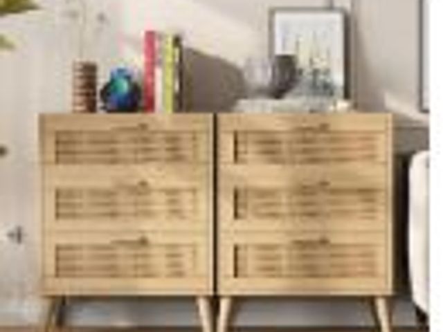 Lot 49-1553979 - Irontar Set of 2 Rattan Nightstand with Charging Station, Night Stand with 3 Large Rattan Drawers, A...