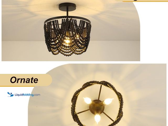 Lot 49-3528882 - Black Boho 12.6 inch Wood Beaded Chandelier, Bohemia Draped Bead Flush Mount/Semi Flush Mount Ceilin...