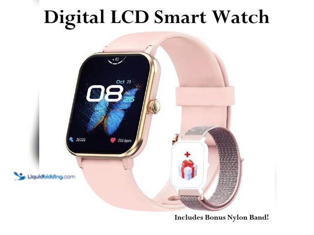 Lot 49-5492848 - Waterproof Smart Watch with Digital LCD Screen Gold/Pink Case with Pink Silicone Band and Bonus Pink...