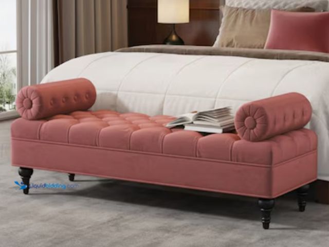 Lot 49-5552392 - Streamdale Furniture Streamdale Pink Velvet Upholstered Bench with 2 Pillows for Bedroom Living Room...