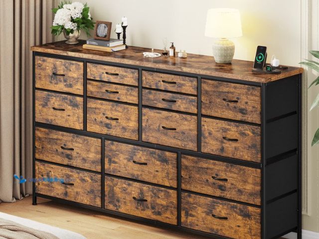 Lot 49-2023229 - EnHomee Wide Dresser with 16 Drawers TV Stand with Power Outlet Dresser for Bedroom Fabric Dresser T...